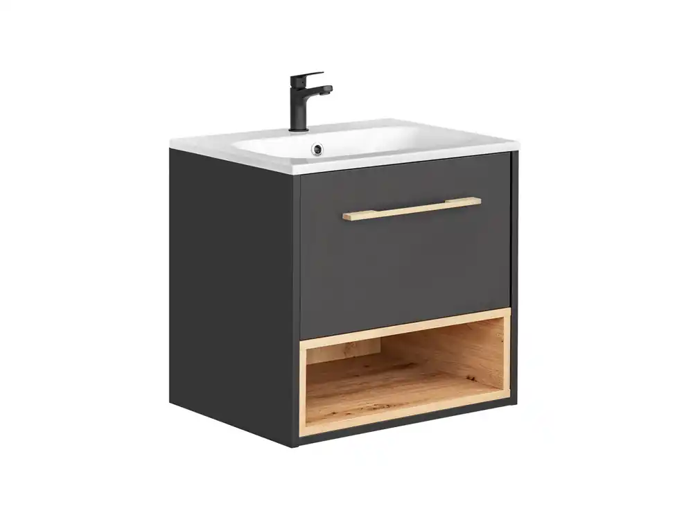 Comad Borneo Cosmos badkamermeubel 60cm met witte wastafel en kraangat eiken/grijs Beperkte Voorraad
