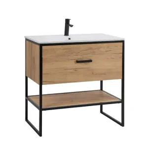 Koop Online Comad Brooklin badkamermeubel 60cm met witte wastafel en kraangat eiken/zwart
