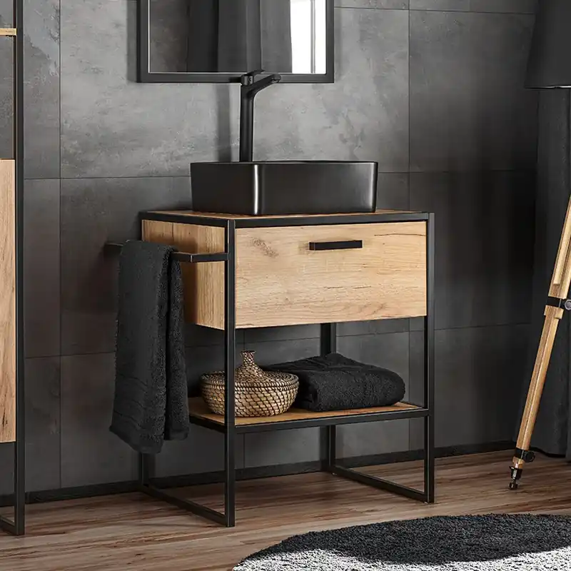 Comad Brooklin badkamermeubel 60cm met zwarte waskom eiken/zwart Nieuw Model