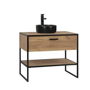 Comad Brooklin badkamermeubel 90cm met zwarte waskom eiken/zwart Voordeelprijs