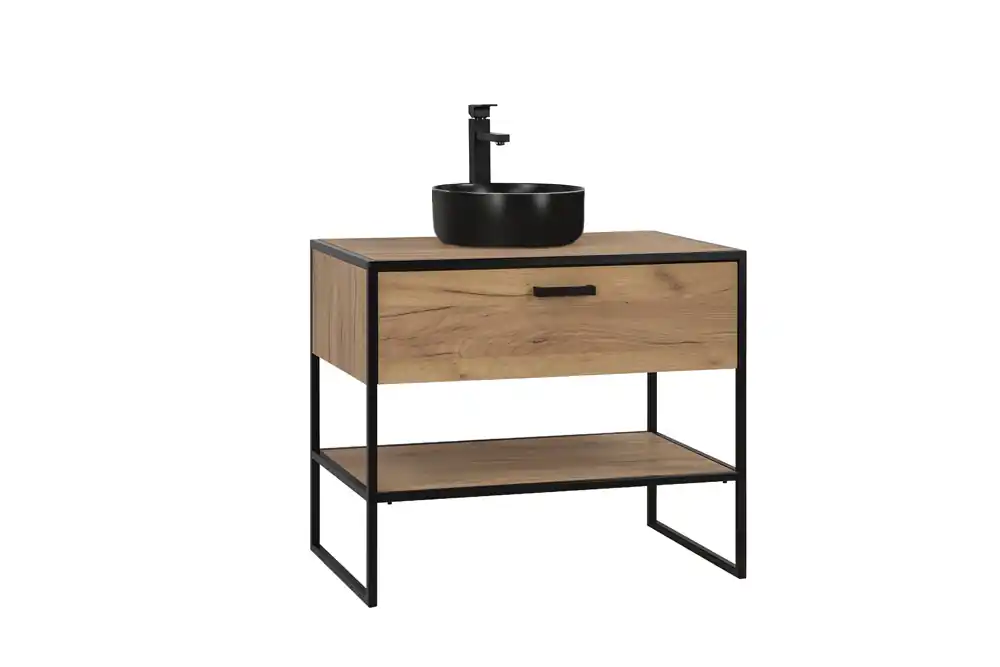 Comad Brooklin badkamermeubel 90cm met zwarte waskom eiken/zwart Voordeelprijs