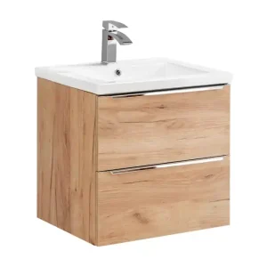 Hete Deal Comad Capri Oak badkamermeubel 60cm met witte wastafel en kraangat eiken