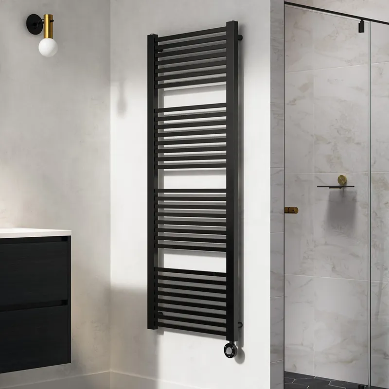 Instamat Rim elektrische handdoekradiator met zwarte thermostaat 150x60cm zwart mat 800W Bulkbestelling