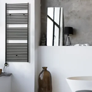 Bestel Nu Instamat Robina elektrische handdoekradiator met zwarte thermostaat 73x60cm zwart mat 400W
