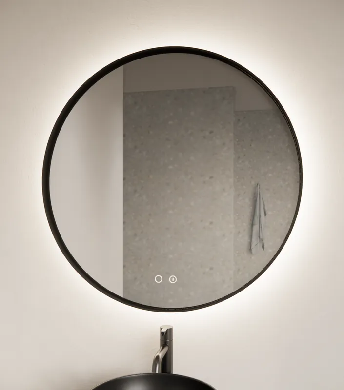 Handgemaakt Gliss Design Athena ronde spiegel mat zwart 120cm met verlichting en verwarming