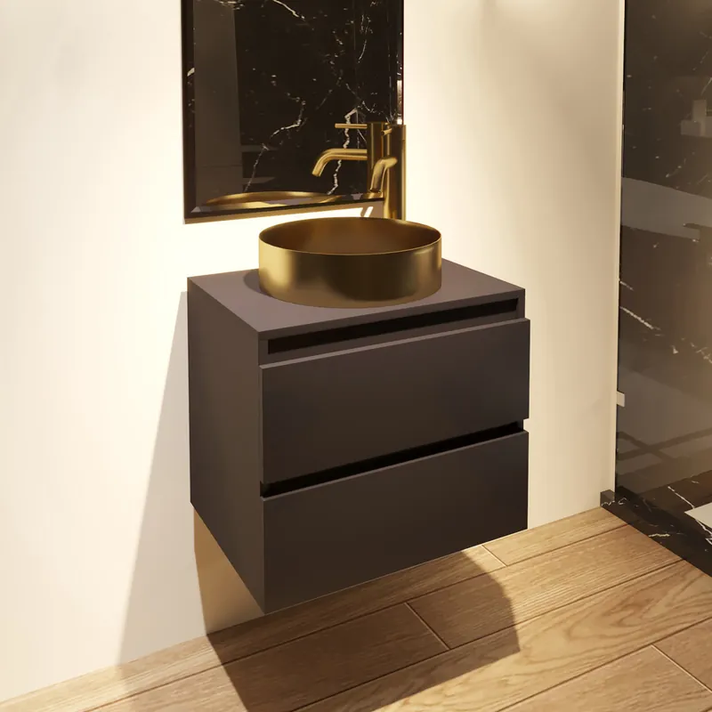 Wereldwijde Verzending Fontana Vazano mat zwart badkamermeubel 60cm met ronde waskom mat goud