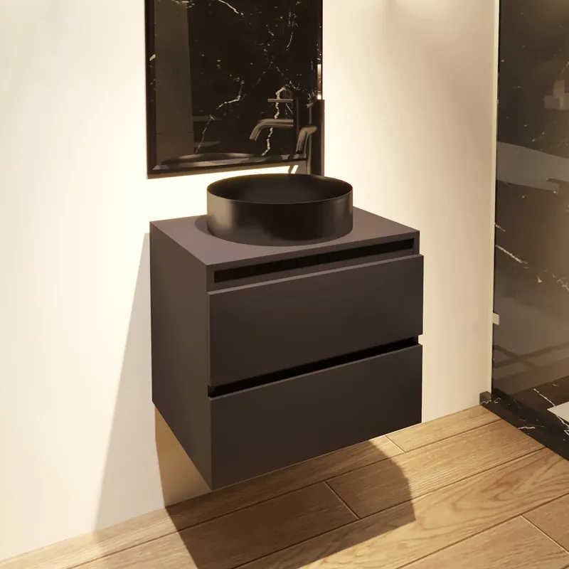 Fontana Vazano mat zwart badkamermeubel 60cm met ronde waskom gunmetal Nieuw Model