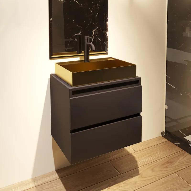 Lage Kosten Fontana Maido mat zwart badkamermeubel 60cm met vierkante waskom mat goud