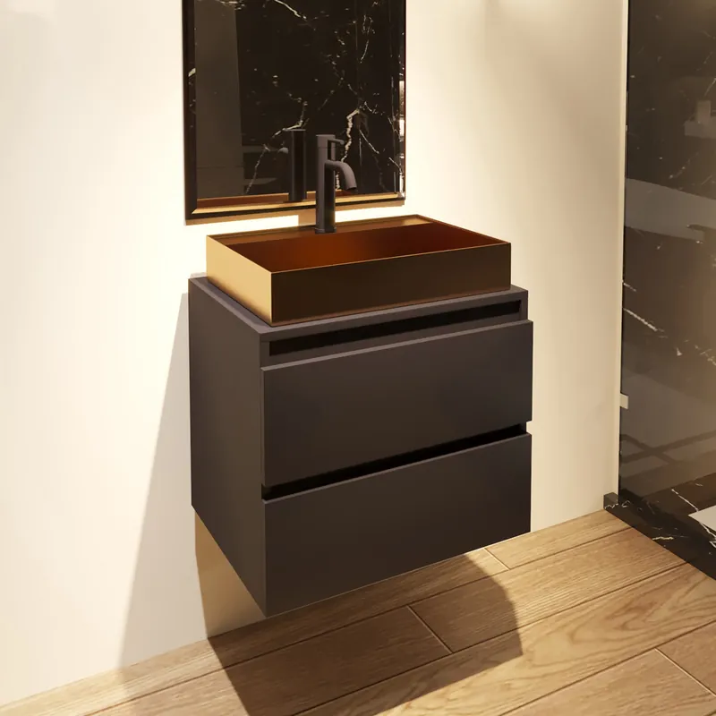 Fontana Maido mat zwart badkamermeubel 60cm met vierkante waskom mat rose goud Exclusief