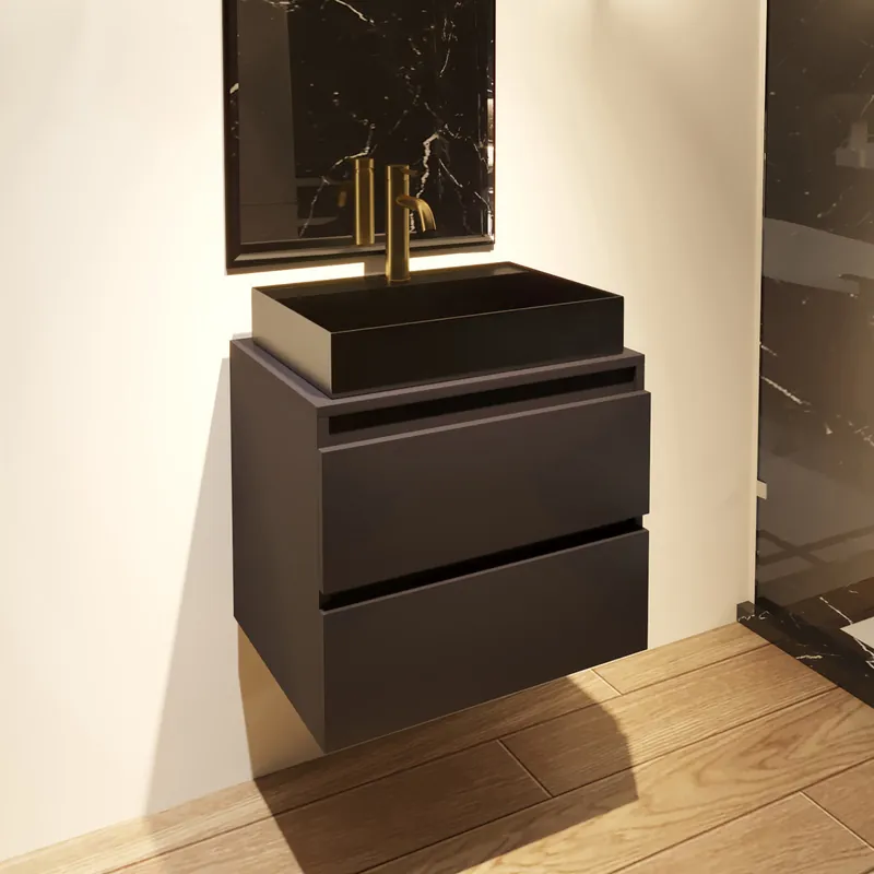 Direct Verzonden Fontana Maido mat zwart badkamermeubel 60cm met vierkante waskom gunmetal