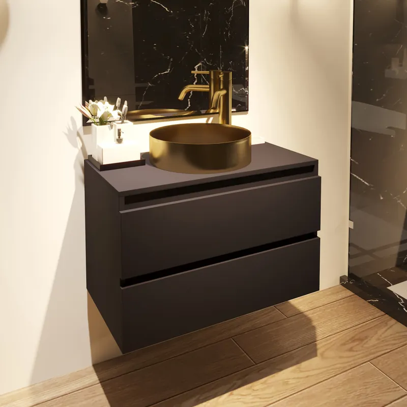 Fontana Vazano mat zwart badkamermeubel 80cm met ronde waskom mat goud Actieprijs