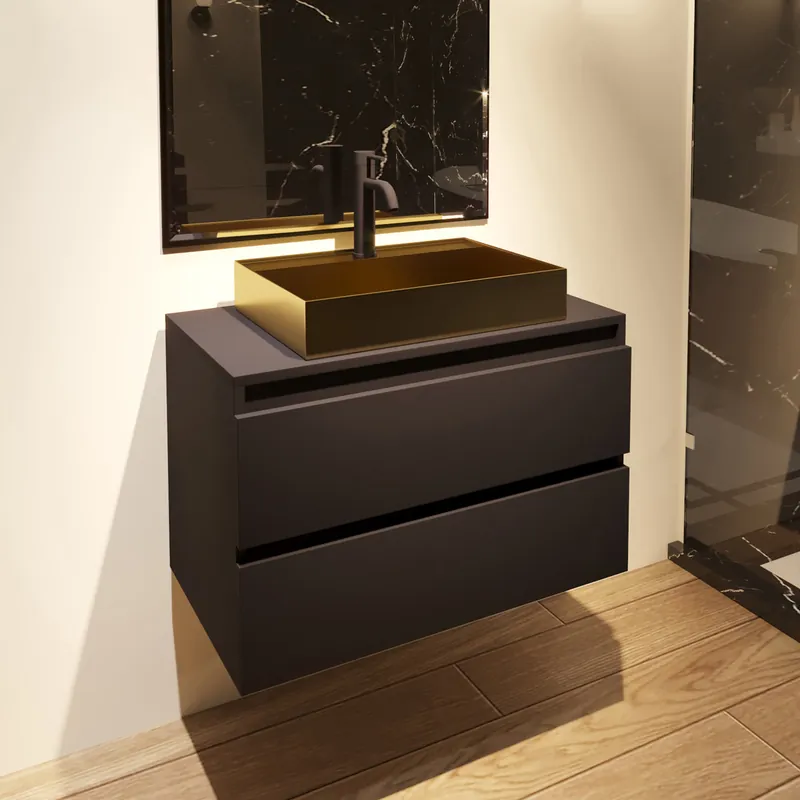 Nieuwe Collectie Fontana Maido mat zwart badkamermeubel 80cm met vierkante waskom mat goud