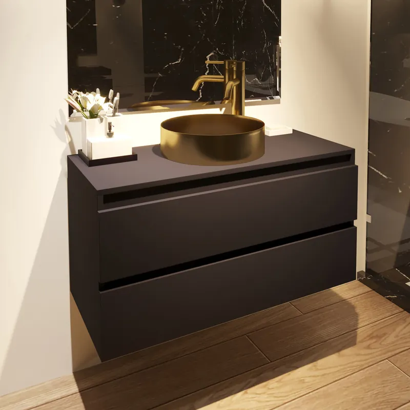 Fontana Vazano mat zwart badkamermeubel 100cm met ronde waskom mat goud Nieuw