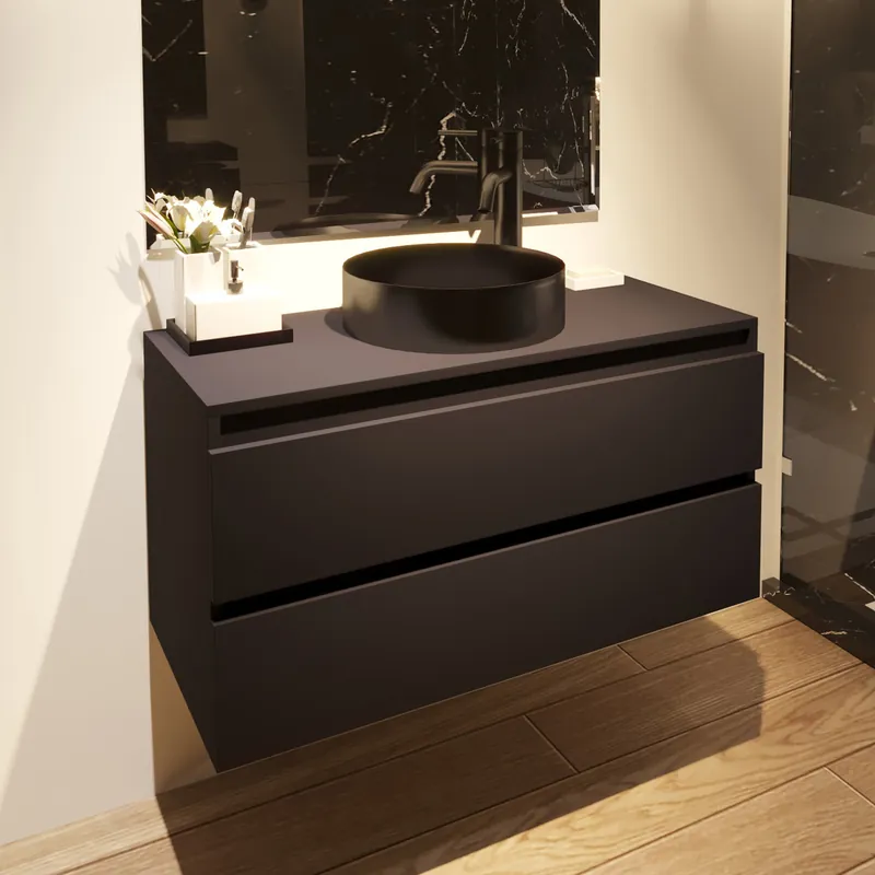 Groothandel Fontana Vazano mat zwart badkamermeubel 100cm met ronde waskom gunmetal