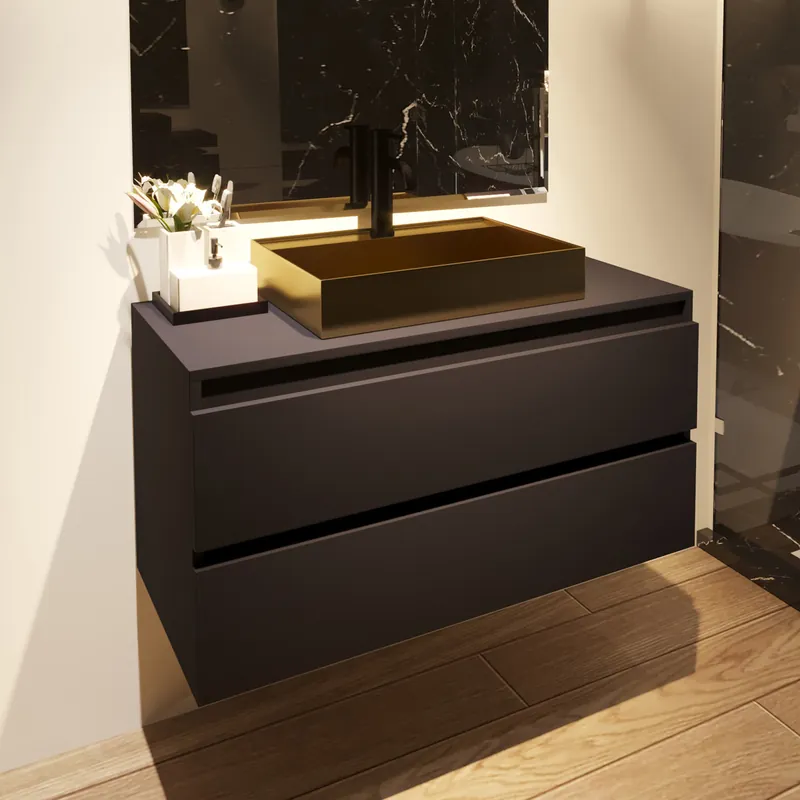 Fabrieksprijs Fontana Maido mat zwart badkamermeubel 100cm met vierkante waskom mat goud