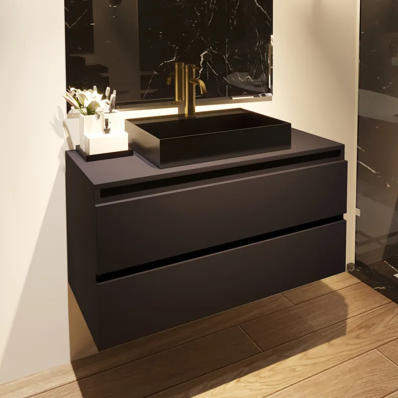 Fontana Maido mat zwart badkamermeubel 100cm met vierkante waskom gunmetal Aanbieding