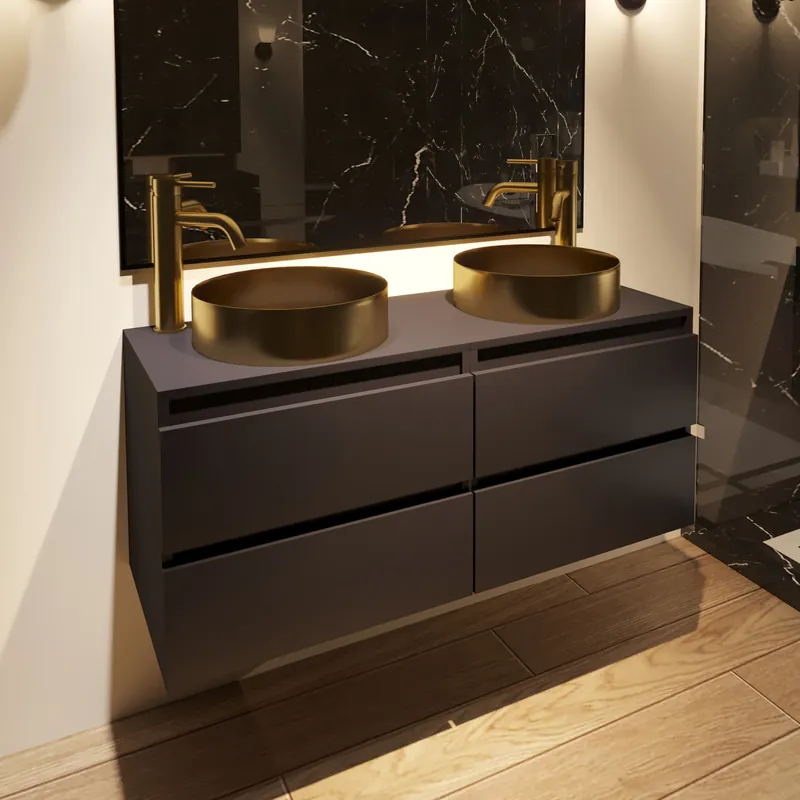 Aanbieding Fontana Vazano mat zwart badkamermeubel 120cm met ronde waskom mat goud