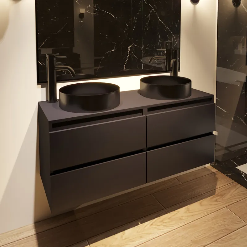 Beperkt Aanbod Fontana Vazano mat zwart badkamermeubel 120cm met ronde waskom gunmetal