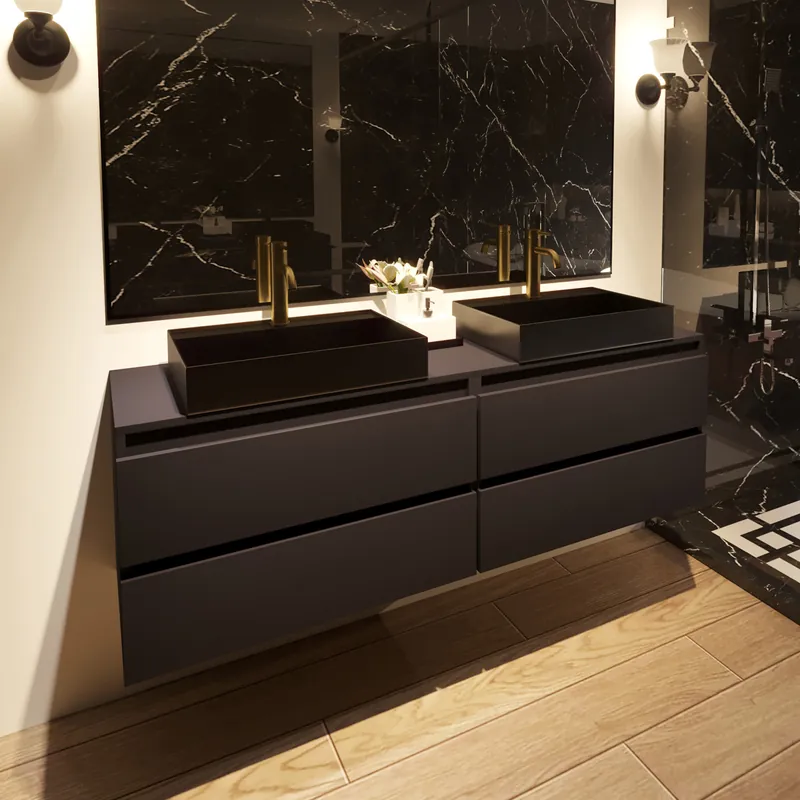 Wereldwijde Verzending Fontana Maido mat zwart badkamermeubel 160cm met vierkante waskom gunmetal