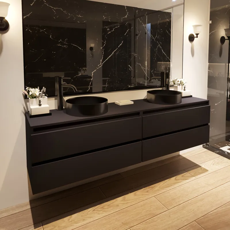 Budget Fontana Vazano mat zwart badkamermeubel 200cm met ronde waskom gunmetal