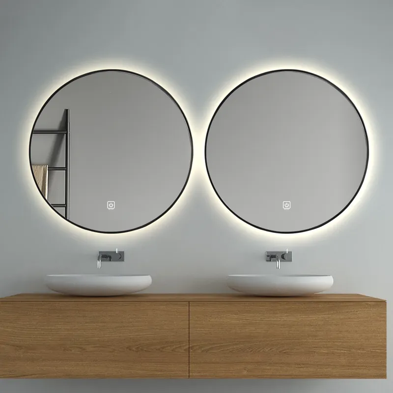 Set van 2 Saniclear Circle Black ronde spiegel met LED verlichting 70cm incl. spiegelverwarming mat zwart Lage Prijs