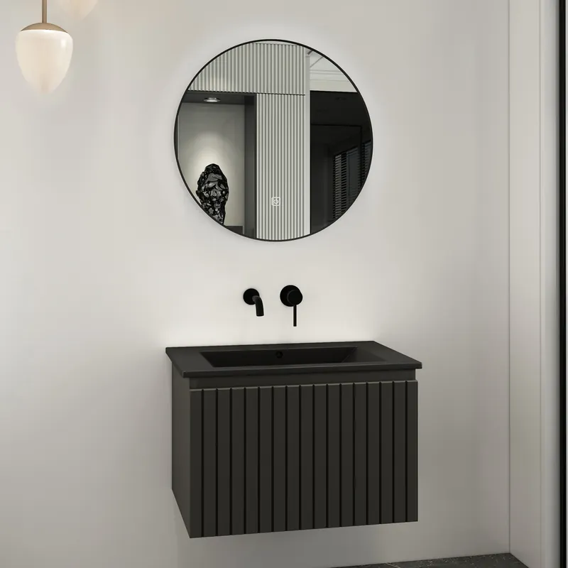 Fontana Lento zwart badmeubel ribbelfront 60cm met zwarte wastafel zonder kraangat en ronde spiegel Nieuwe Collectie