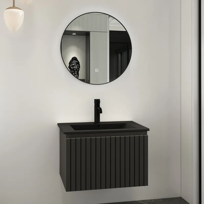 Fontana Lento zwart badmeubel ribbelfront 60cm met zwarte wastafel 1 kraangat en ronde spiegel Hoge Kwaliteit