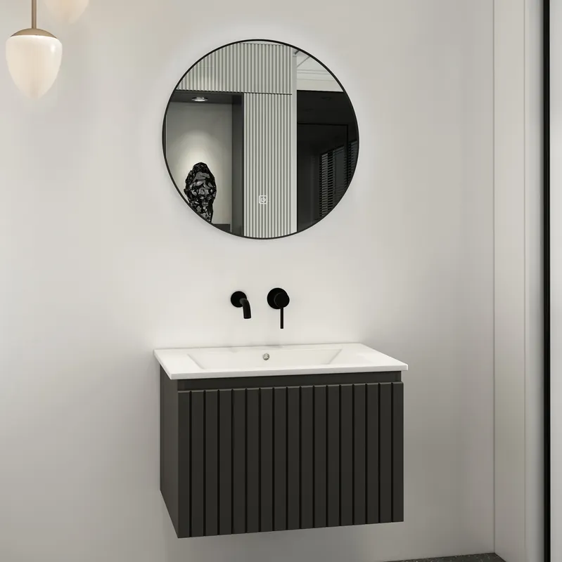 Hete Deal Fontana Lento zwart badmeubel ribbelfront 60cm met witte wastafel zonder kraangat en ronde spiegel