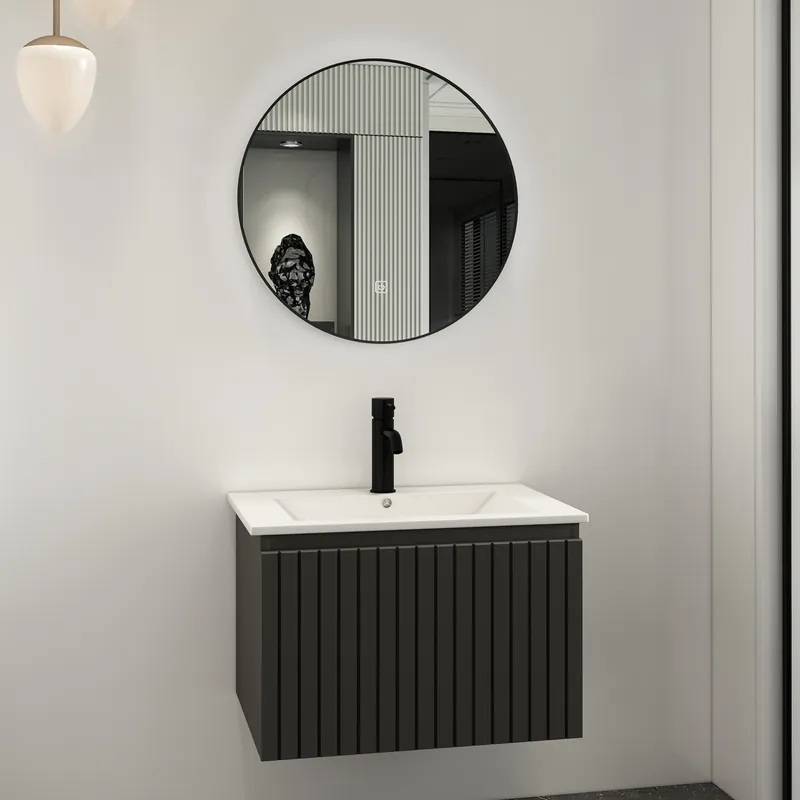 Fontana Lento zwart badmeubel ribbelfront 60cm met witte wastafel 1 kraangat en ronde spiegel Beperkt Aanbod