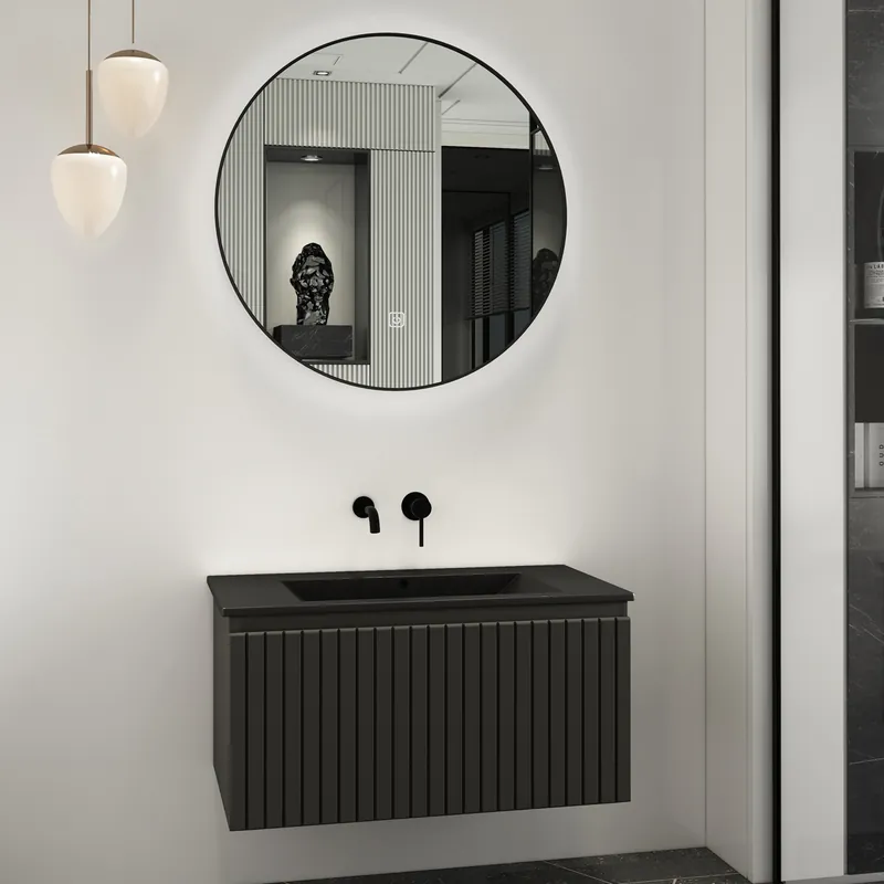 Fontana Lento zwart badmeubel ribbelfront 80cm met zwarte wastafel zonder kraangat en ronde spiegel Luxe