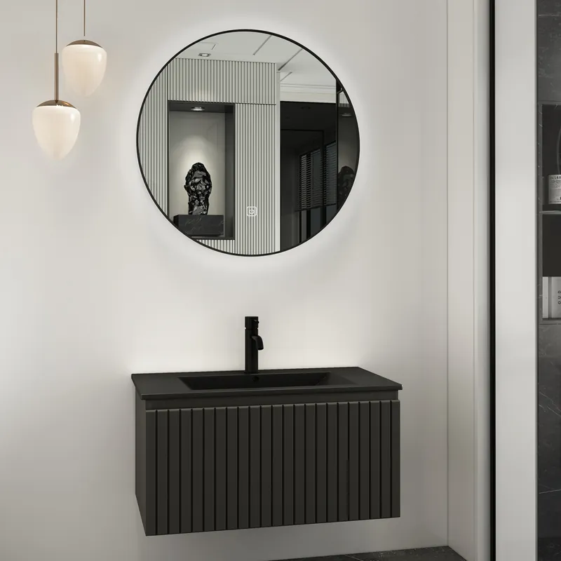 Aanbieding Fontana Lento zwart badmeubel ribbelfront 80cm met zwarte wastafel 1 kraangat en ronde spiegel