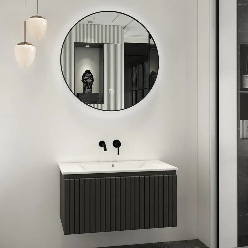 Op = Op Fontana Lento zwart badmeubel ribbelfront 80cm met witte wastafel zonder kraangat en ronde spiegel