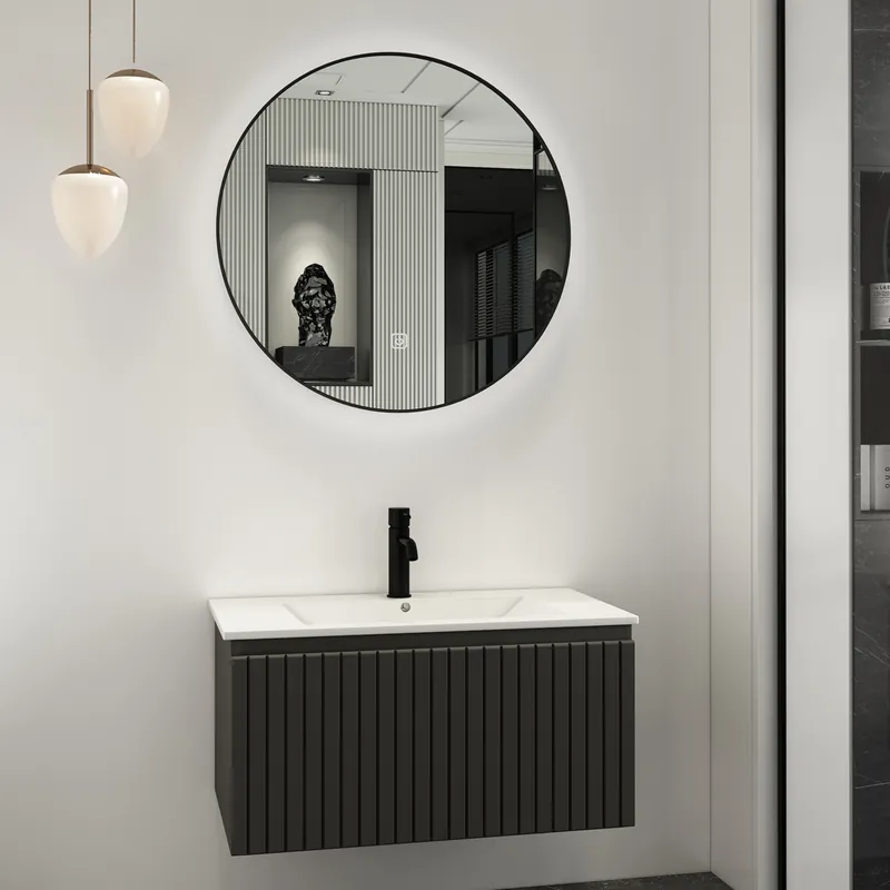 Fontana Lento zwart badmeubel ribbelfront 80cm met witte wastafel 1 kraangat en ronde spiegel Gratis Retour