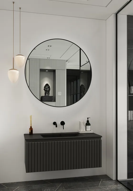 Wereldwijde Verzending Fontana Lento zwart badmeubel ribbelfront 100cm met zwarte wastafel zonder kraangat en ronde spiegel