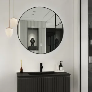 Laatste Kans Fontana Lento zwart badmeubel ribbelfront 100cm met zwarte wastafel 1 kraangat en ronde spiegel