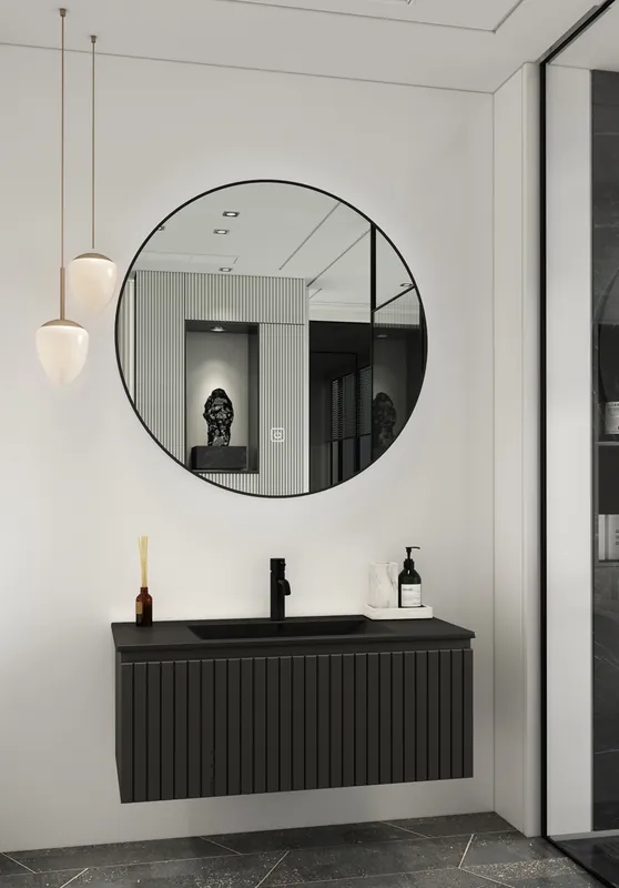 Laatste Kans Fontana Lento zwart badmeubel ribbelfront 100cm met zwarte wastafel 1 kraangat en ronde spiegel