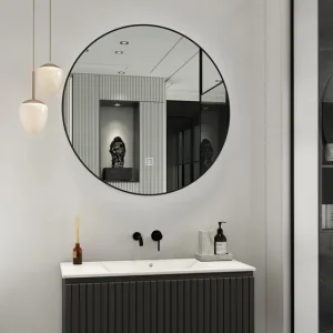 Luxe Fontana Lento zwart badmeubel ribbelfront 100cm met witte wastafel zonder kraangat en ronde spiegel