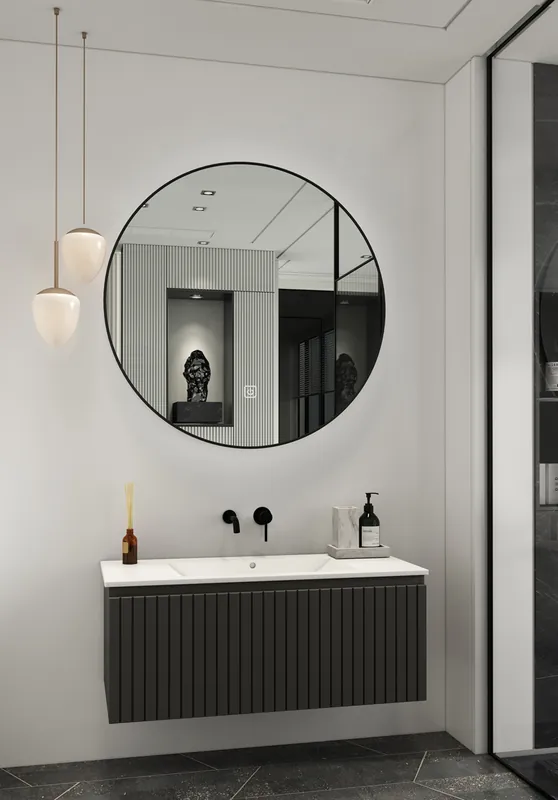 Luxe Fontana Lento zwart badmeubel ribbelfront 100cm met witte wastafel zonder kraangat en ronde spiegel