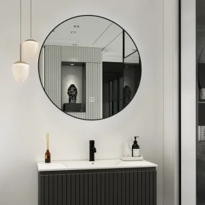 Op = Op Fontana Lento zwart badmeubel ribbelfront 100cm met witte wastafel 1 kraangat en ronde spiegel