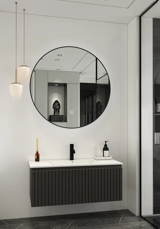Op = Op Fontana Lento zwart badmeubel ribbelfront 100cm met witte wastafel 1 kraangat en ronde spiegel