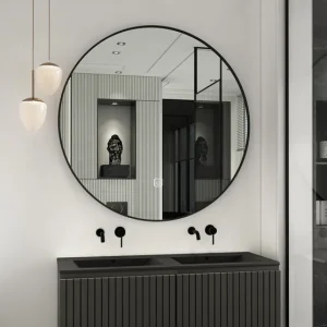 Fontana Lento zwart badmeubel ribbelfront 120cm met zwarte wastafel zonder kraangaten en ronde spiegel Professioneel