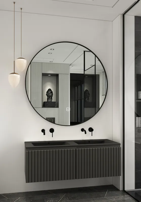 Fontana Lento zwart badmeubel ribbelfront 120cm met zwarte wastafel zonder kraangaten en ronde spiegel Professioneel