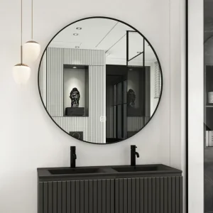 Fontana Lento zwart badmeubel ribbelfront 120cm met zwarte wastafel 2 kraangaten en ronde spiegel Beperkte Voorraad