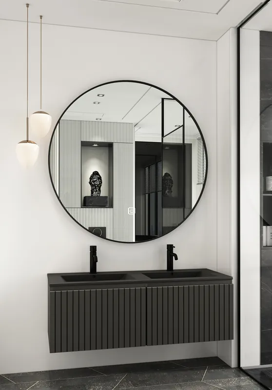 Fontana Lento zwart badmeubel ribbelfront 120cm met zwarte wastafel 2 kraangaten en ronde spiegel Beperkte Voorraad