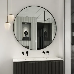 Fontana Lento zwart badmeubel ribbelfront 120cm met witte wastafel zonder kraangaten en ronde spiegel Beperkte Voorraad