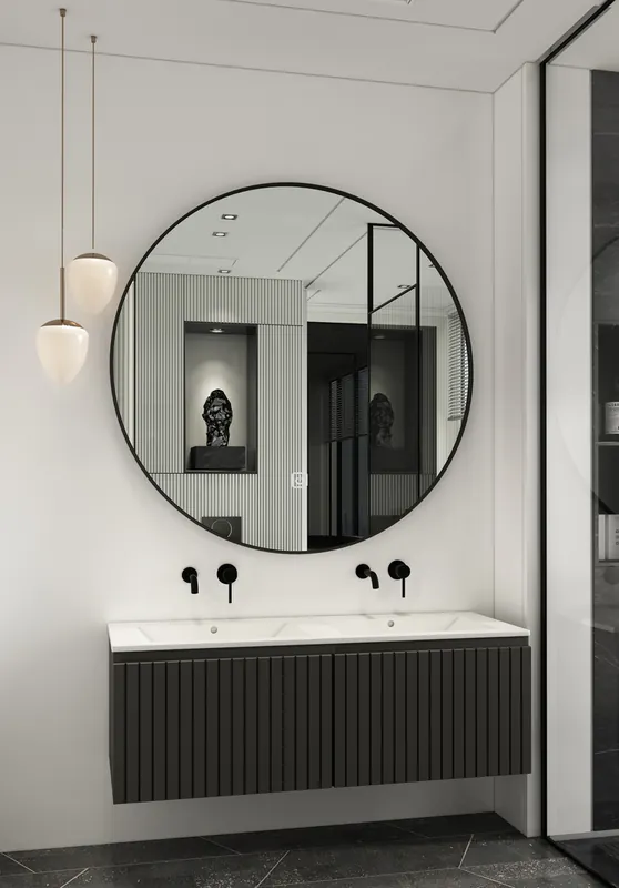 Fontana Lento zwart badmeubel ribbelfront 120cm met witte wastafel zonder kraangaten en ronde spiegel Beperkte Voorraad