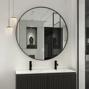 Gecertificeerd Fontana Lento zwart badmeubel ribbelfront 120cm met witte wastafel 2 kraangaten en ronde spiegel
