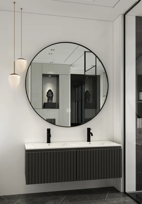 Gecertificeerd Fontana Lento zwart badmeubel ribbelfront 120cm met witte wastafel 2 kraangaten en ronde spiegel