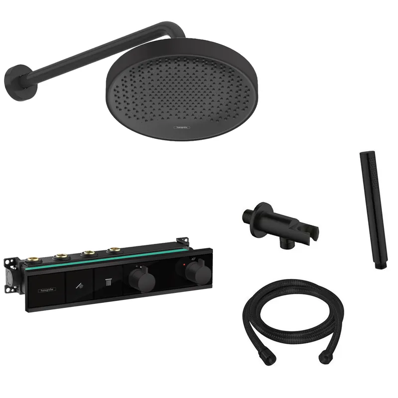 Hoge Kwaliteit Hansgrohe Rainfinity inbouw regendouche met thermostaatkraan RainSelect en Saniclear muurarm zwart mat