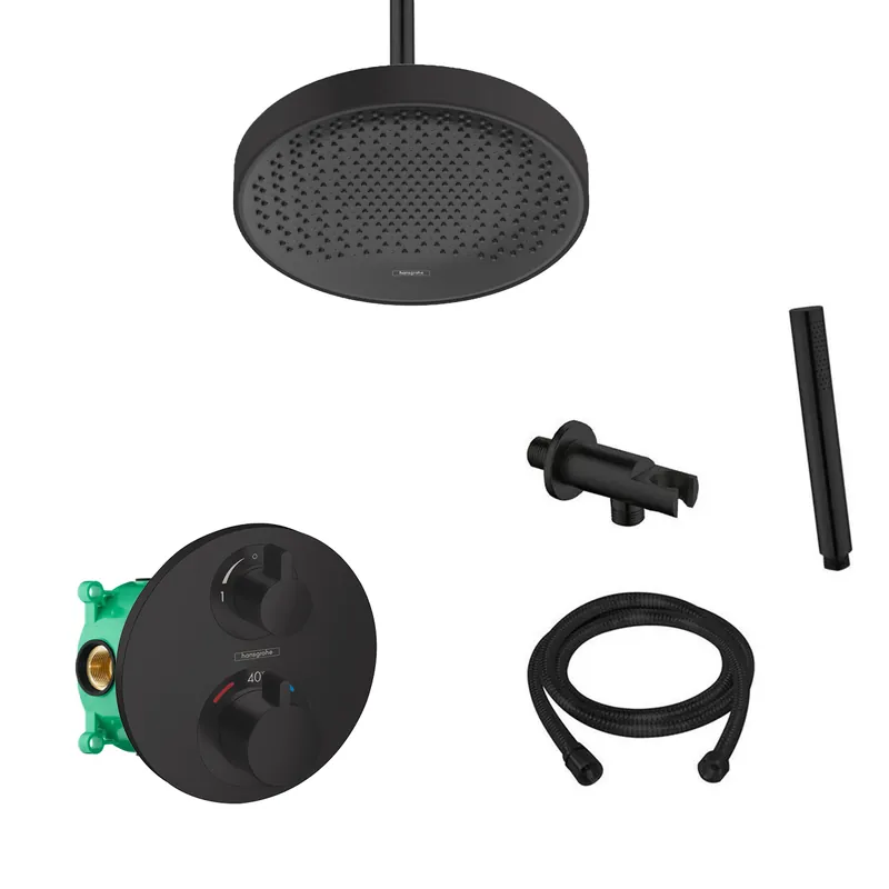 Hansgrohe Rainfinity inbouw regendouche met thermostaatkraan Ecostat S en Saniclear plafondarm zwart mat Bulkbestelling